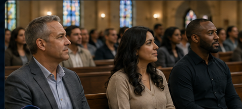 A diverse group seated in a church service while a team member quietly observes from within the congregation.