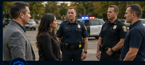 Church safety personnel meeting with multiple uniformed law enforcement officers near a church parking area.