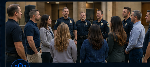 A large mixed group of church team members and uniformed officers discussing church liaison and response familiarization.