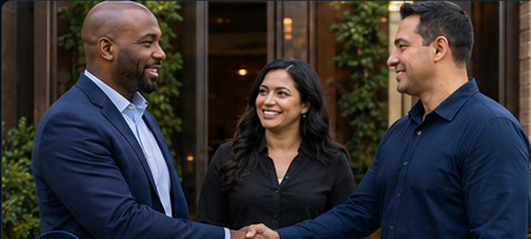 A diverse church safety team member greeting people at a church entrance while remaining observant.